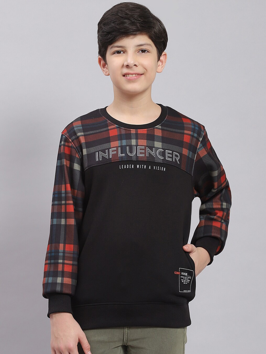 

Monte Carlo Boys Checked Round Neck Pullover, Black