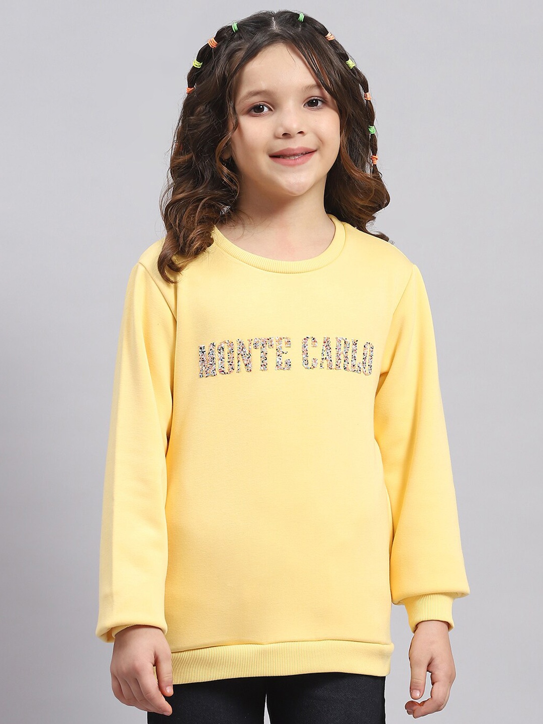 

Monte Carlo Girls Typography Embellished Ribbed Pullover Sweatshirt, Yellow