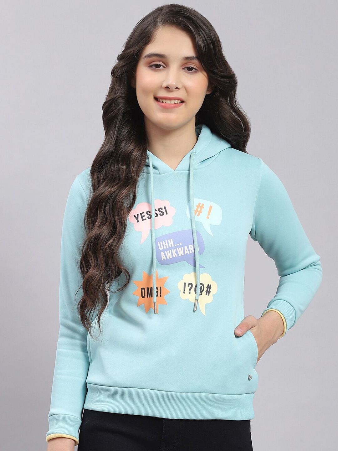 

Monte Carlo Girls Typography Printed Hooded Pullover Sweatshirt, Turquoise blue