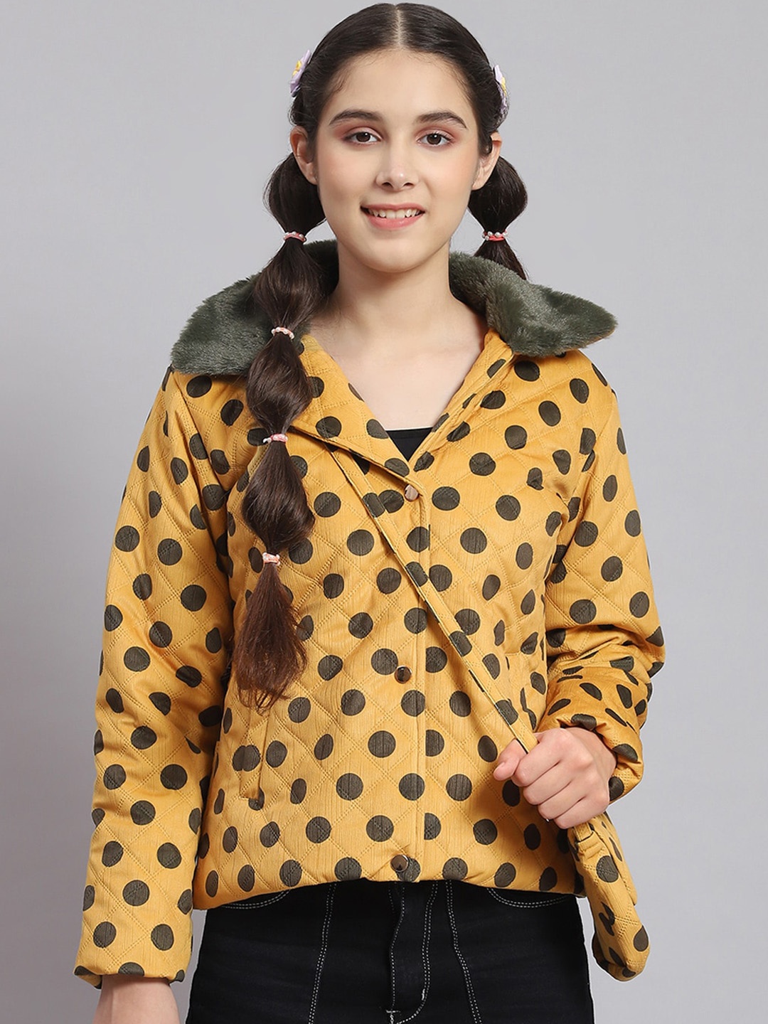 

Monte Carlo Girls Polka Dots Printed Spread Collar Lightweight Quilted Jacket, Mustard