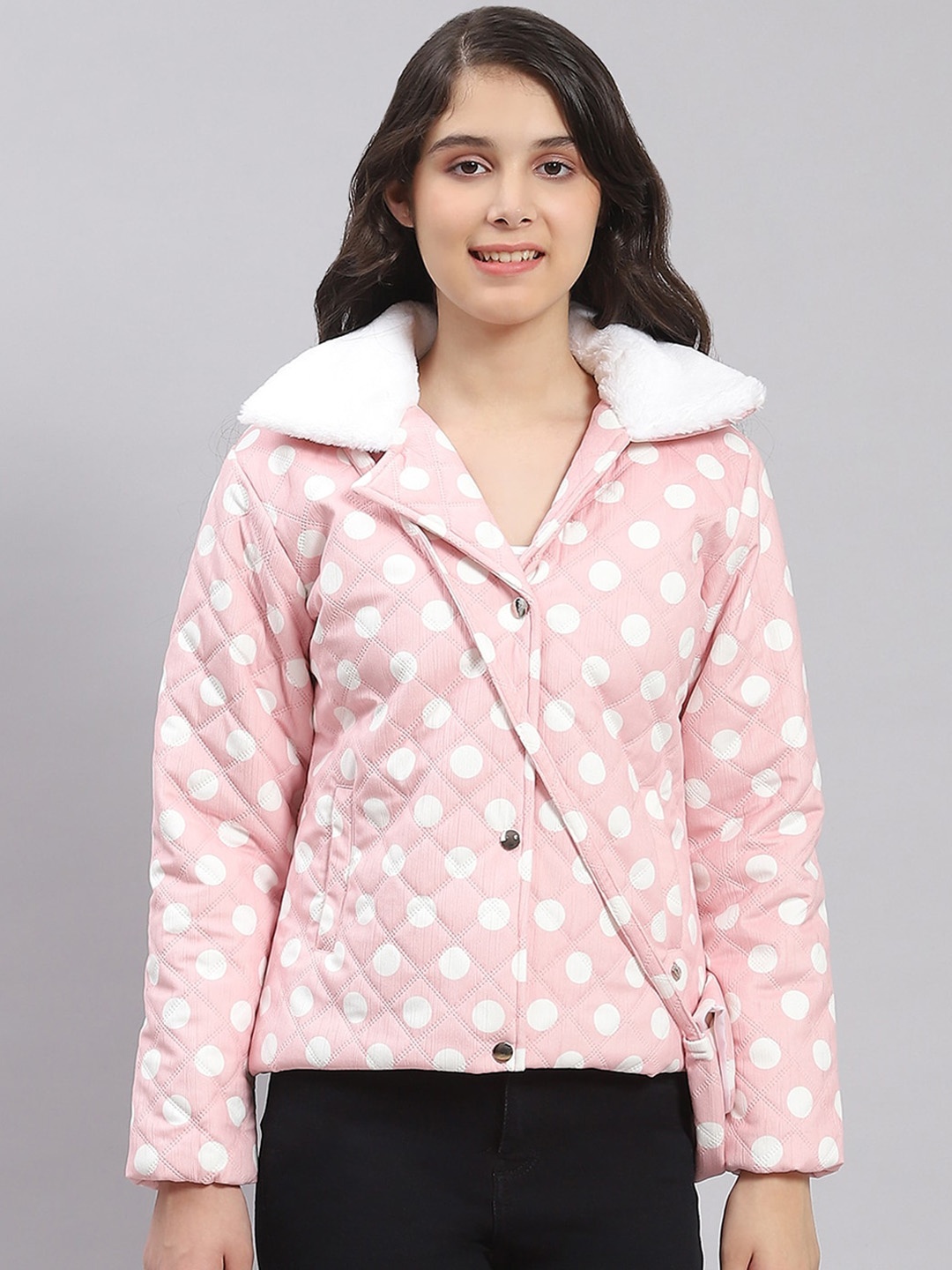 

Monte Carlo Girls Polka Dots Printed Spread Collar Lightweight Quilted Jacket, Pink