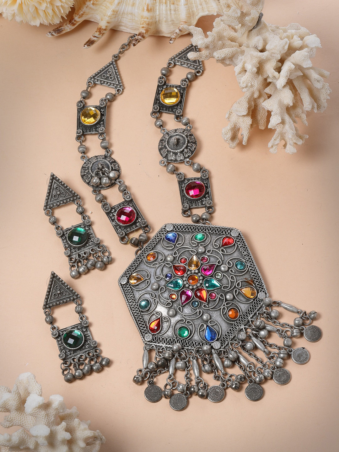 

Moedbuille Silver-Plated Crystal Studded & Beaded Tasselled Designed Necklace & Earrings