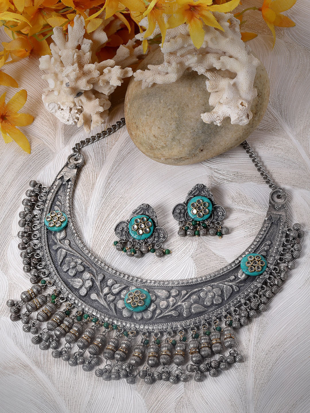 

Moedbuille Silver-Plated Stone Studded & Beaded Tasselled Jewellery Set