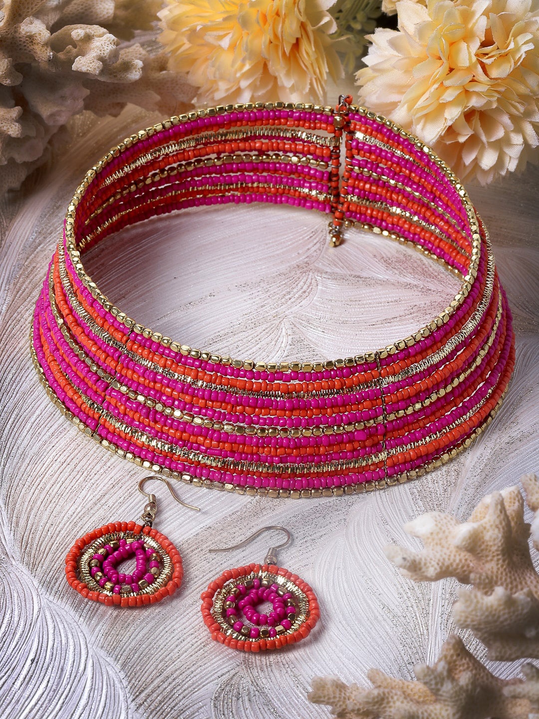 

Moedbuille Gold-Plated Beaded Afghan Tribal Layered Jewellery Set