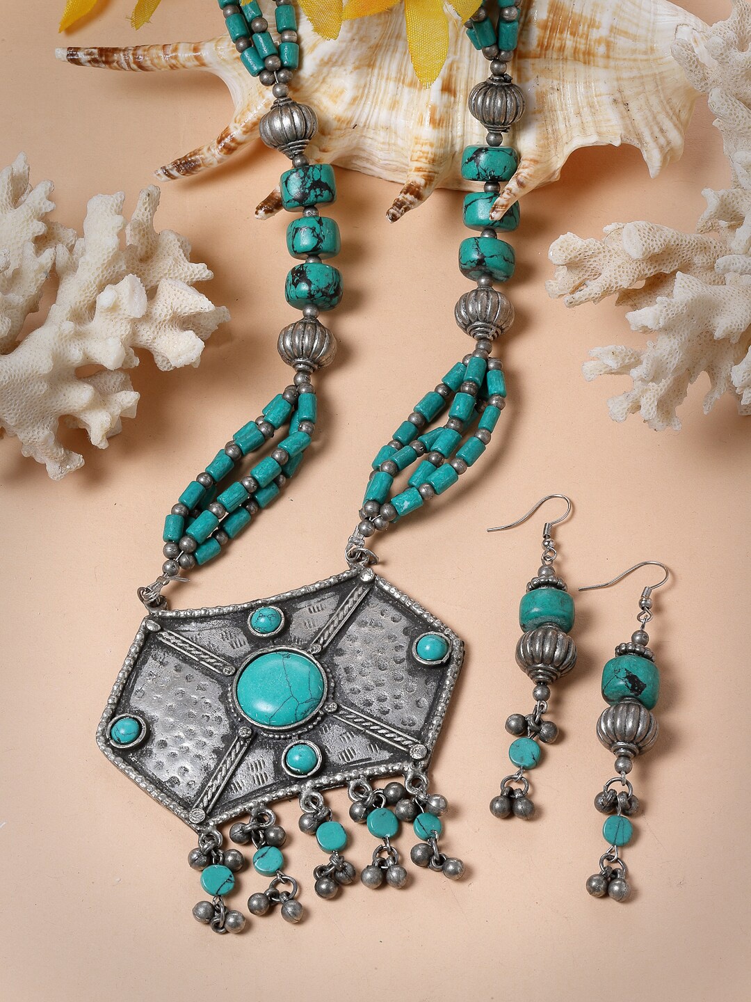 

Moedbuille Silver-Plated Stone Studded & Beaded Tasselled Oxidised Necklace and Earrings