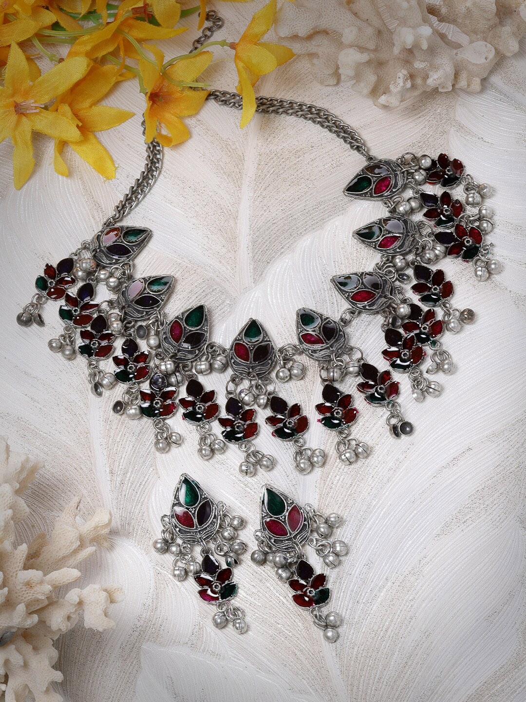 

Moedbuille Silver-Plated Stone Studded & Beaded Meenakari Tasselled Jewellery Set