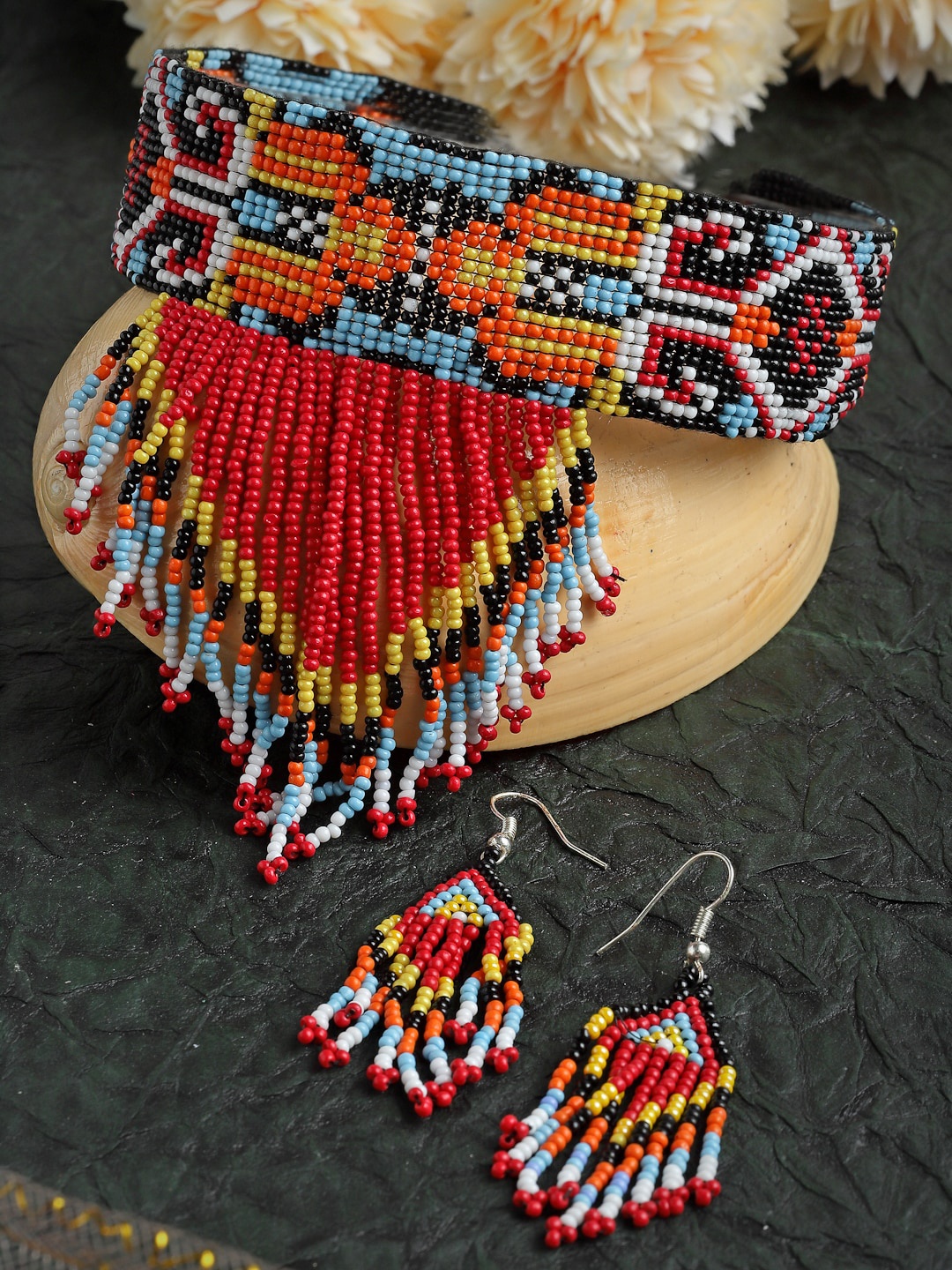 

Moedbuille Silver-Plated Beaded Tasselled Chocker Necklace & Earrings