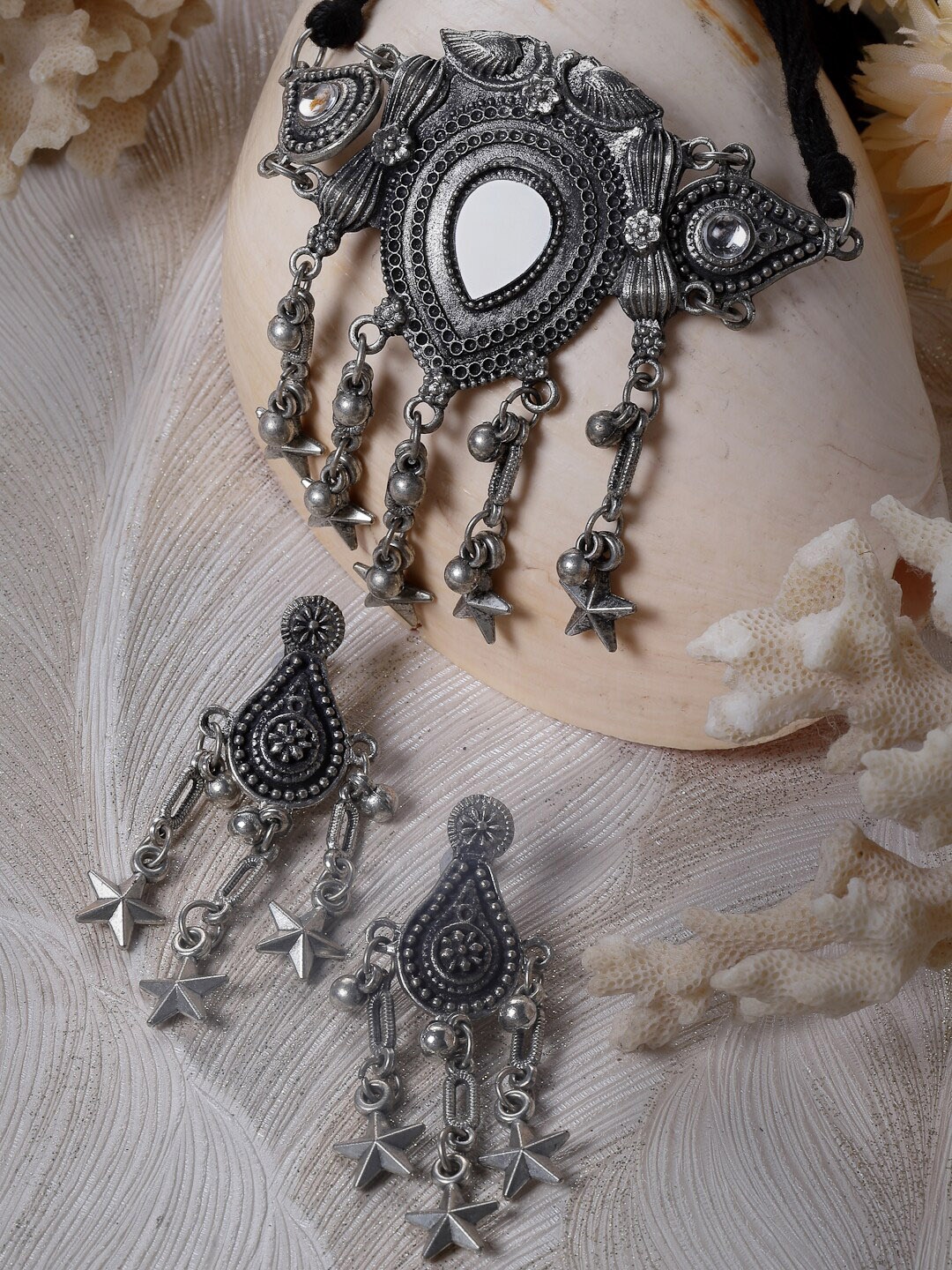 

Moedbuille Silver-Plated Mirror Studded & Beaded Tasselled Oxidised Necklace and Earrings