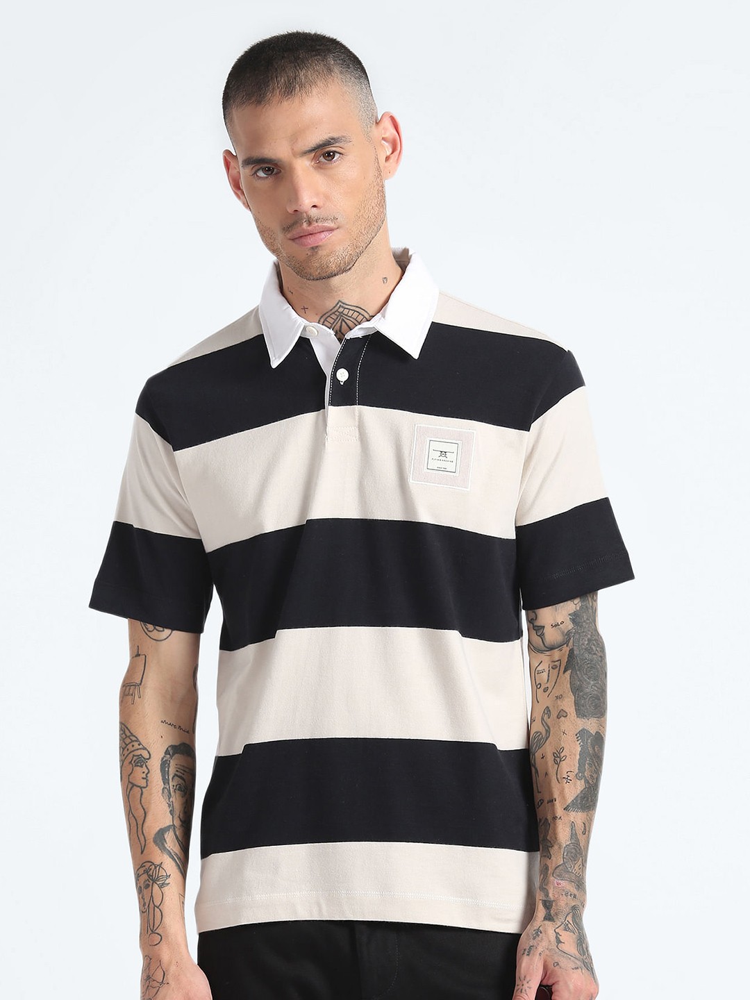 

Flying Machine Striped Polo Collar Pure Cotton T-shirt, Black