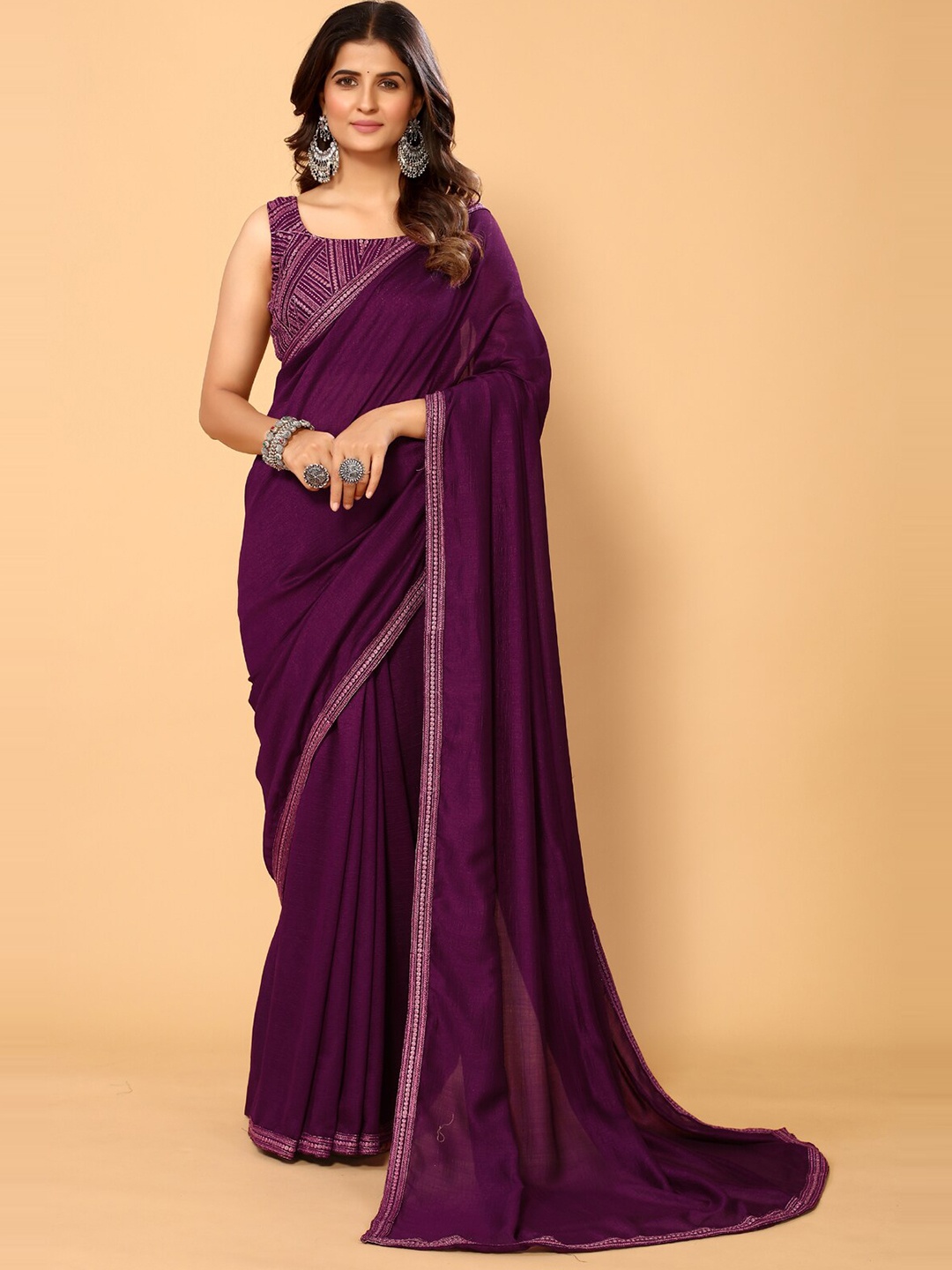 

PATLANI STYLE Embroidered Border Poly Silk Saree, Purple