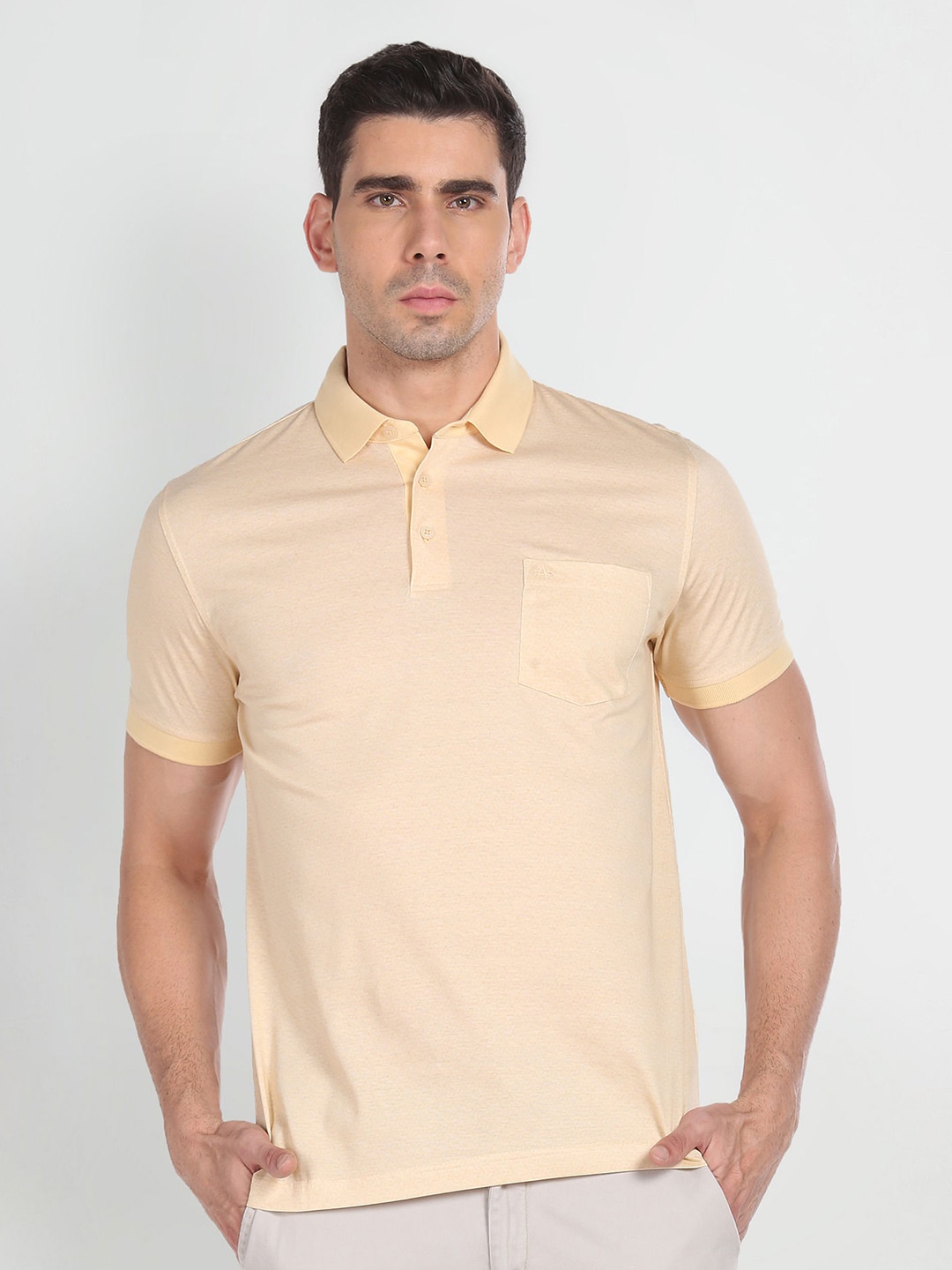 

Arrow Geometric Printed Polo Collar Short Sleeves Pockets Cotton Regular T-shirt, Yellow