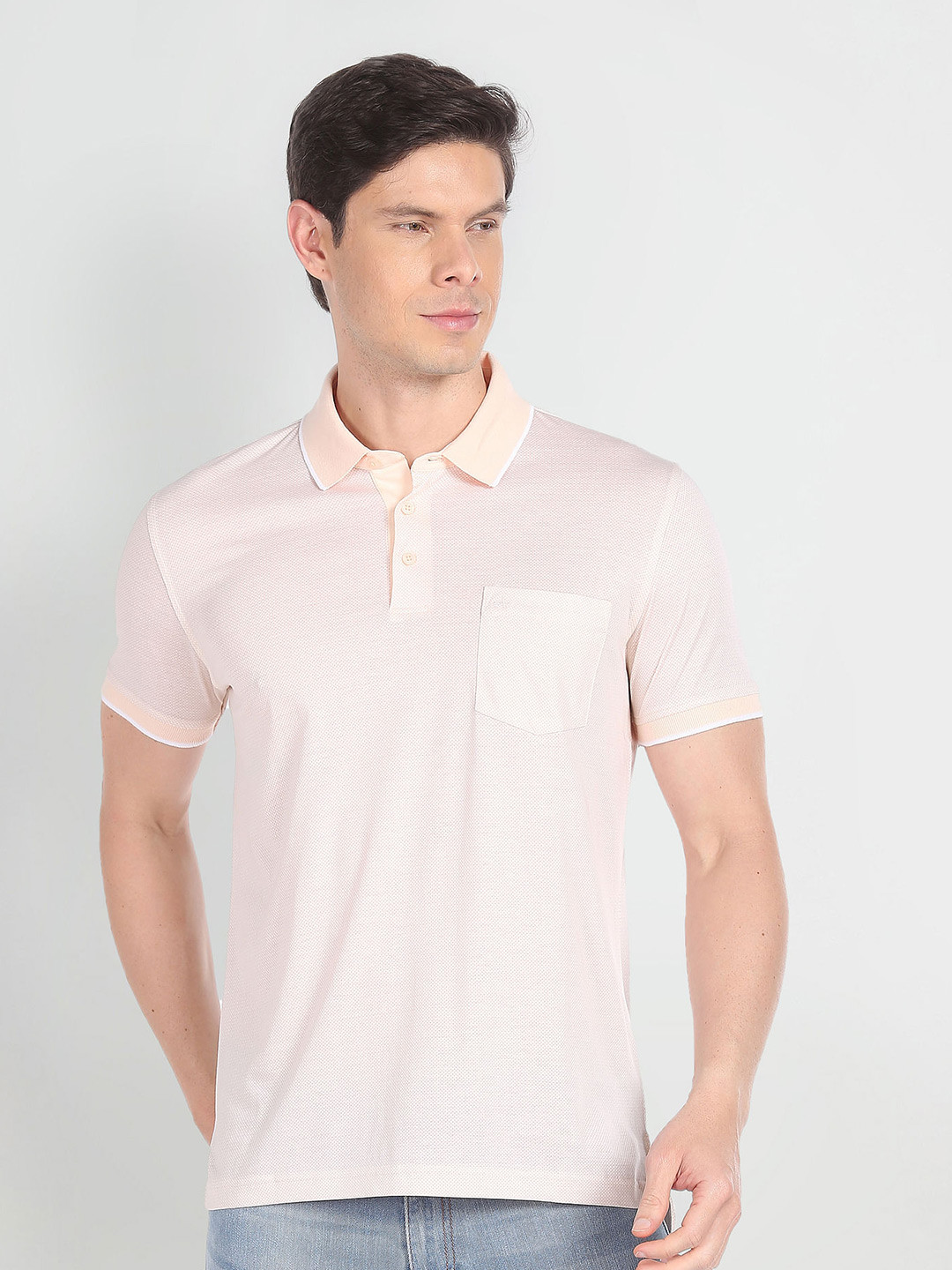 

Arrow Geometric Printed Polo Collar Short Sleeves Pockets Cotton Regular T-shirt, Peach