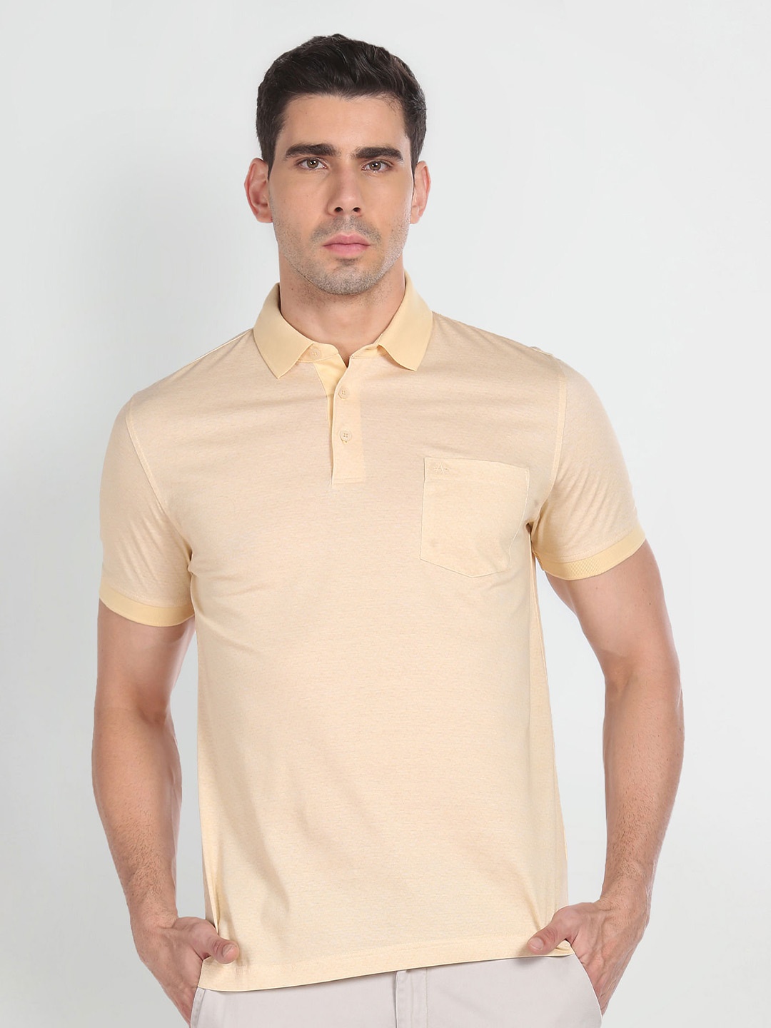 

Arrow Geometric Printed Polo Collar Short Sleeves Pockets Cotton Regular T-shirt, Yellow