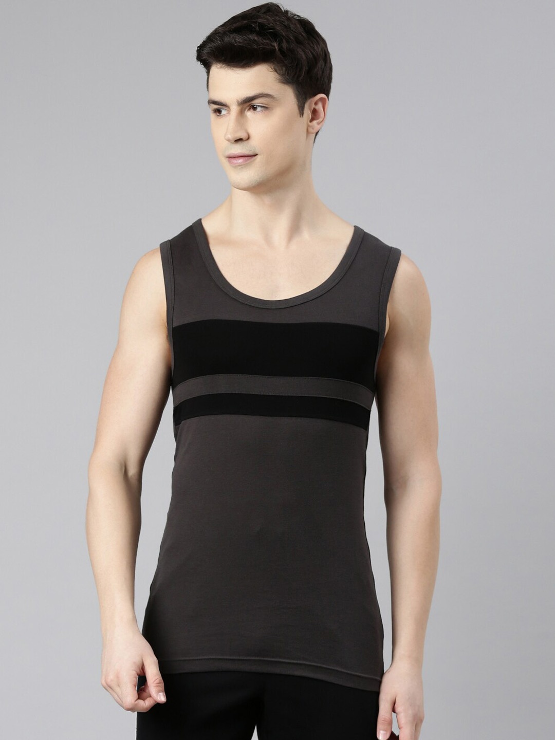

FASO Striped Cut & Sew Label Free Cotton Undershirt Innerwear Vests, Black