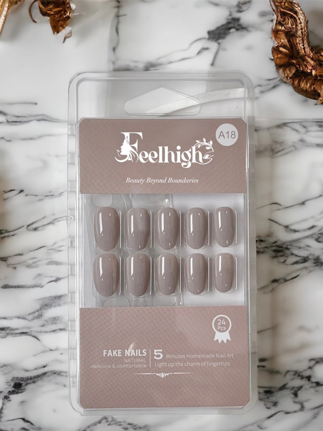 

FEELHIGH 24-Pcs Long Lasting Reusable Artificial Fake Nail Set - A18, Brown