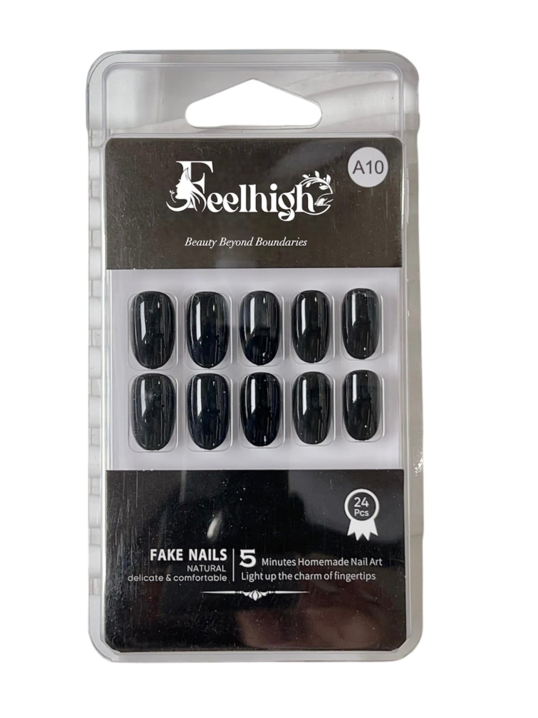 

FEELHIGH 24-Pcs Stick On Reusable Waterproof Press On Nails - A10, Black