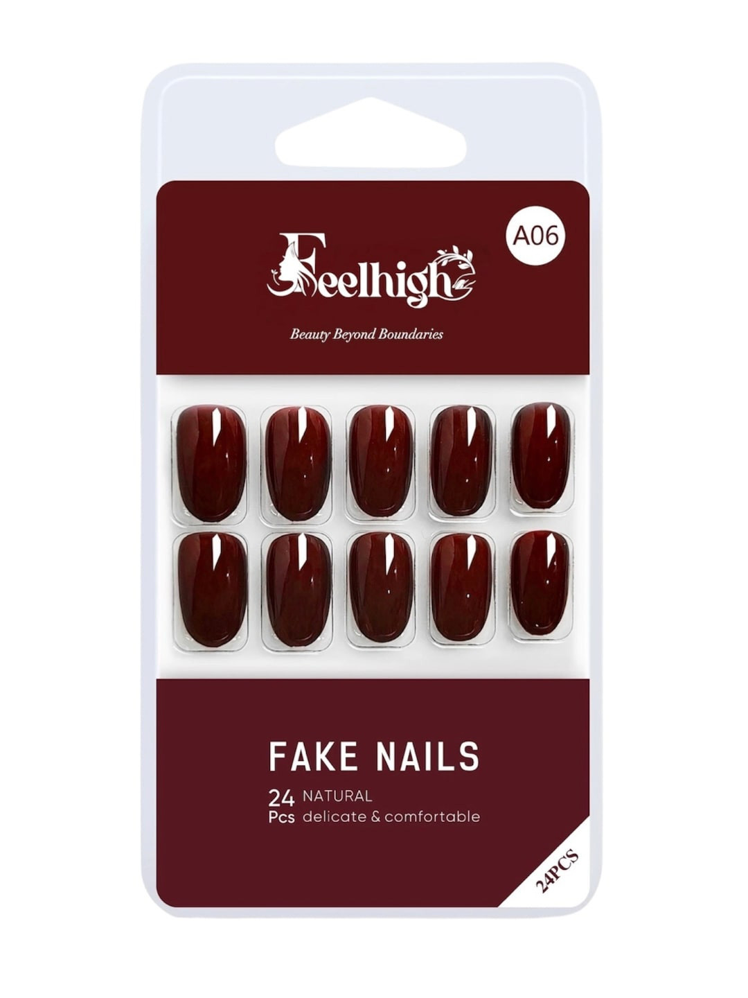

FEELHIGH 24-Pcs Long Lasting Reusable Artificial Fake Nail Set - A06, Maroon