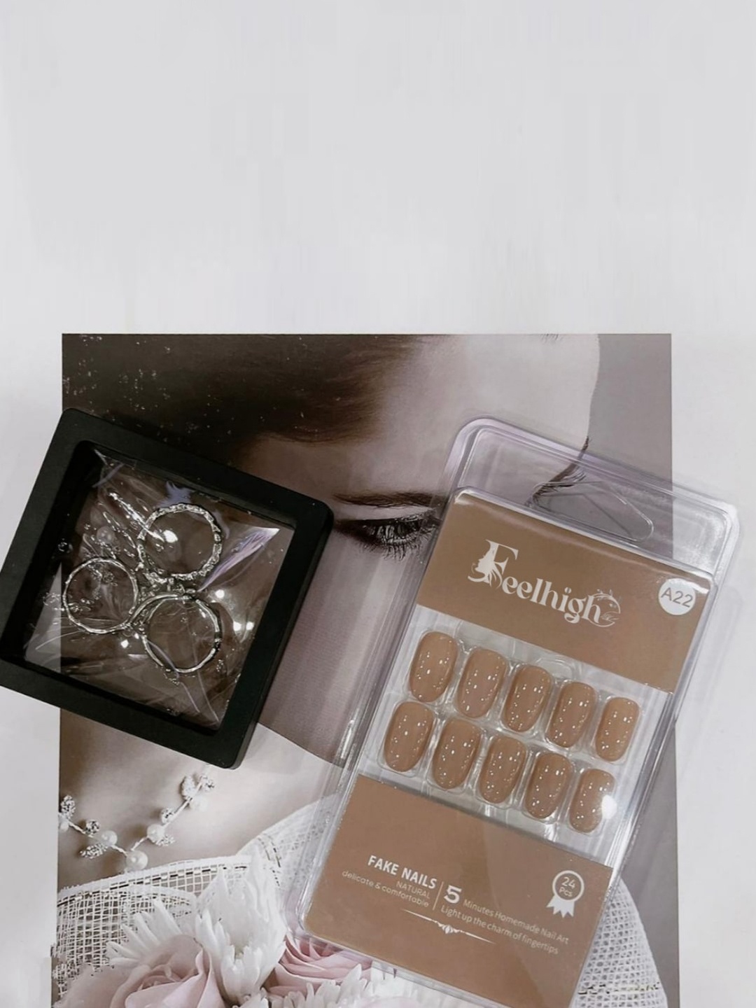 

FEELHIGH 24-Pcs Stick On Reusable Waterproof Press On Nails - A22, Beige