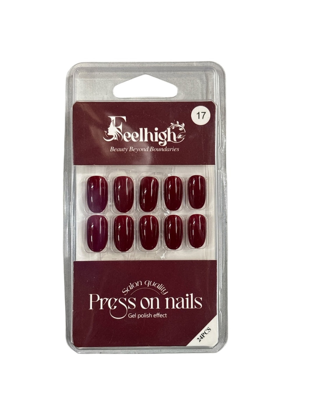 

FEELHIGH 24-Pcs Stick On Reusable Waterproof Press On Nails - A17, Maroon