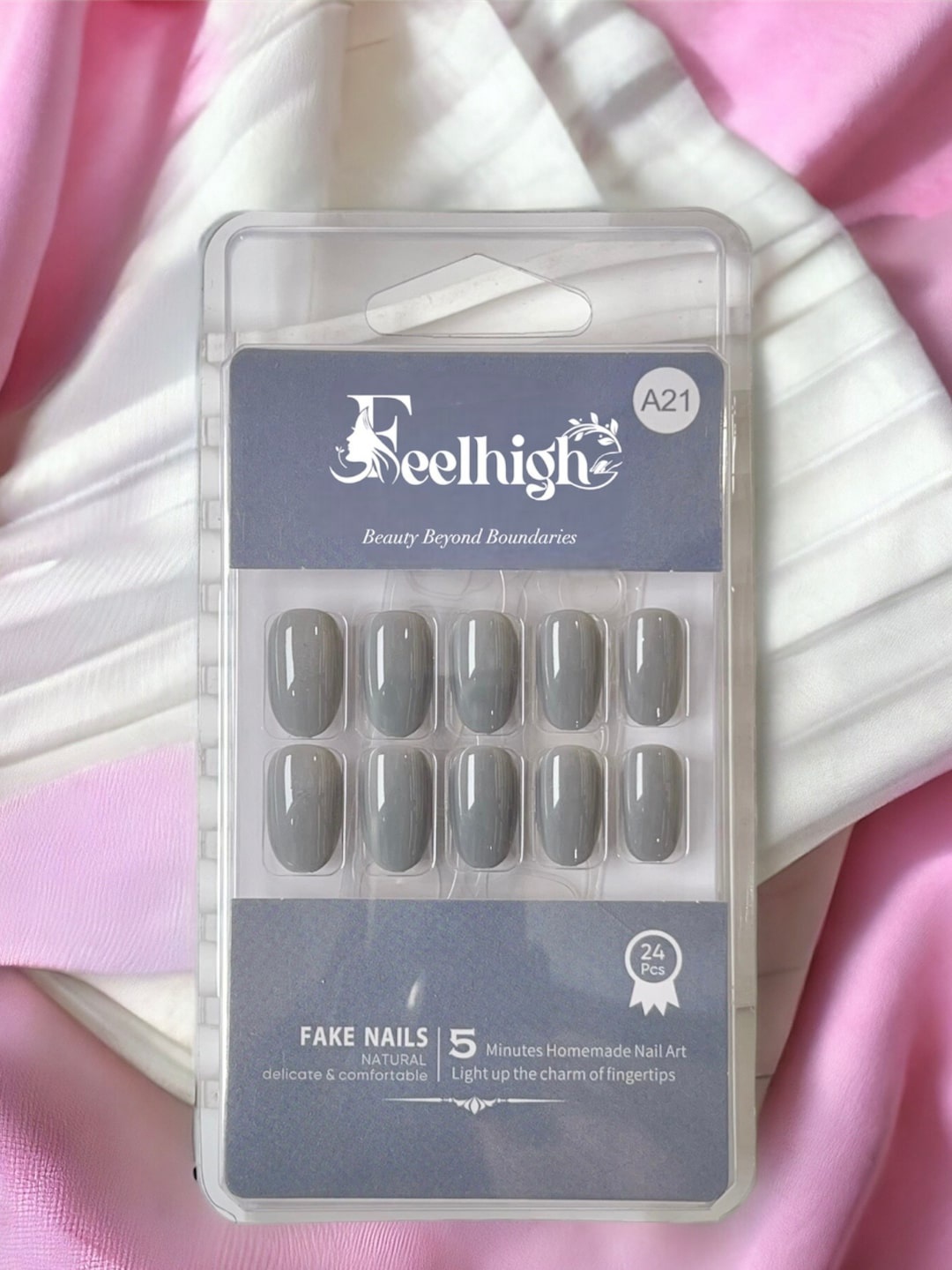 

FEELHIGH 24-Pcs Stick On Reusable Waterproof Press On Nails - A21, Grey