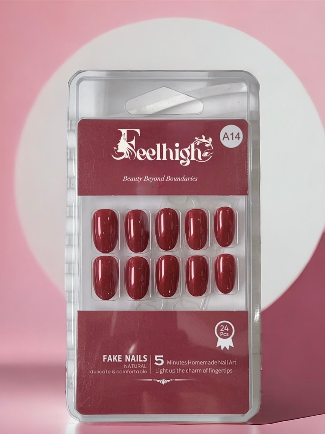 

FEELHIGH 24-Pcs Long Lasting Reusable Artificial Fake Nail Set - A14, Maroon