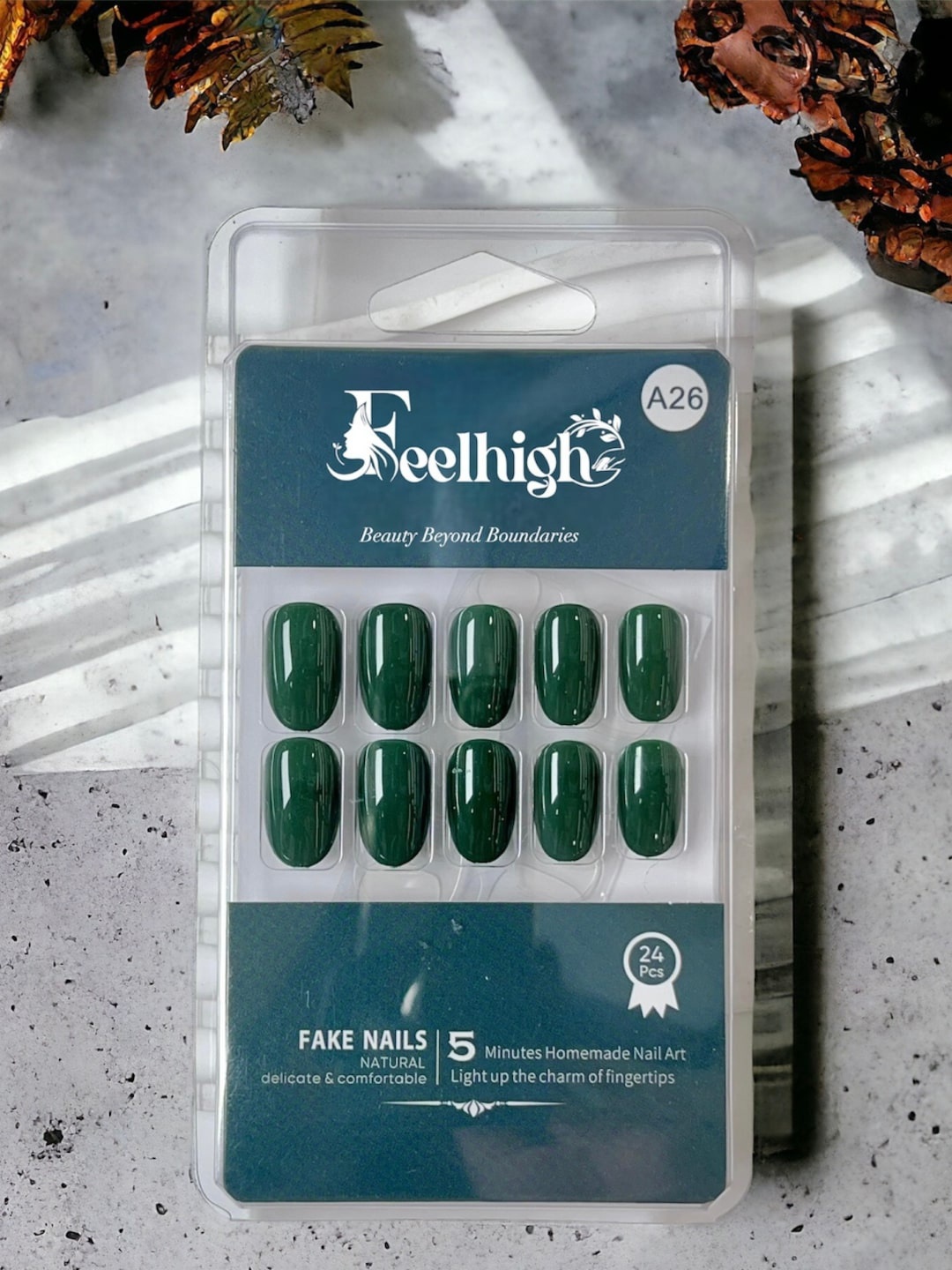 

FEELHIGH 24-Pcs Long Lasting Reusable Artificial Fake Nail Set - A26, Green