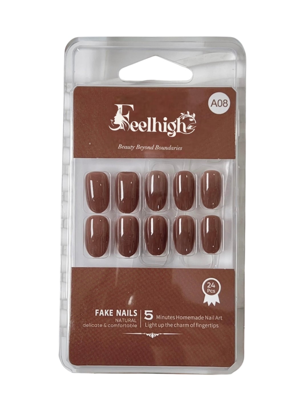 

FEELHIGH 24-Pcs Long Lasting Reusable Artificial Fake Nail Set - A08, Brown
