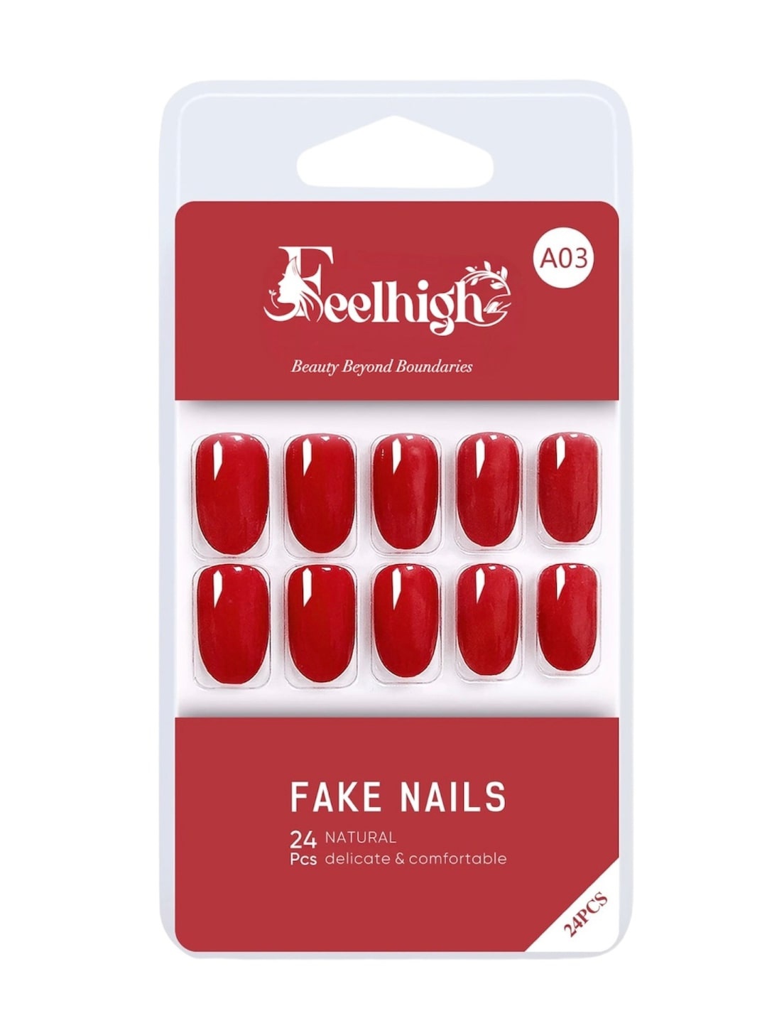 

FEELHIGH 24-Pcs Long Lasting Reusable Artificial Fake Nail Set - A03, Red
