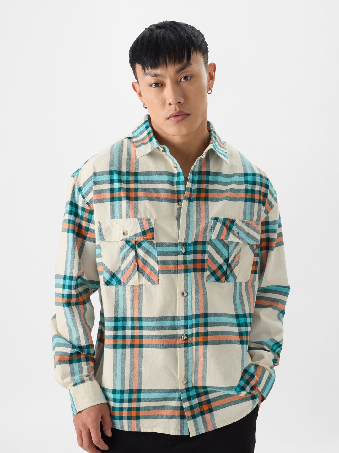 

The Souled Store Tartan Checked Pure Cotton Casual Shacket, Beige