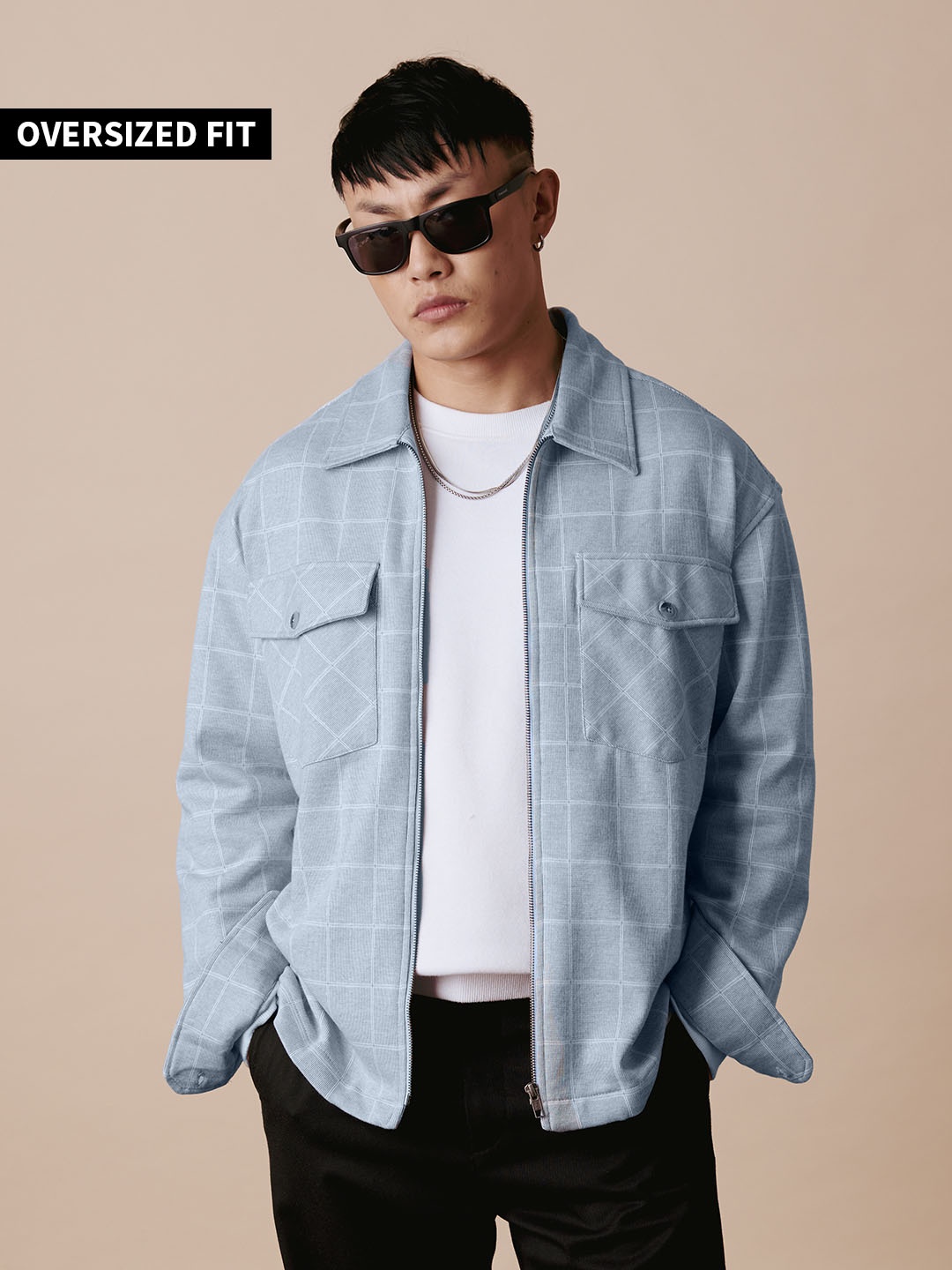 

The Souled Store Windowpane Checked Pure Cotton Casual Shacket, Grey