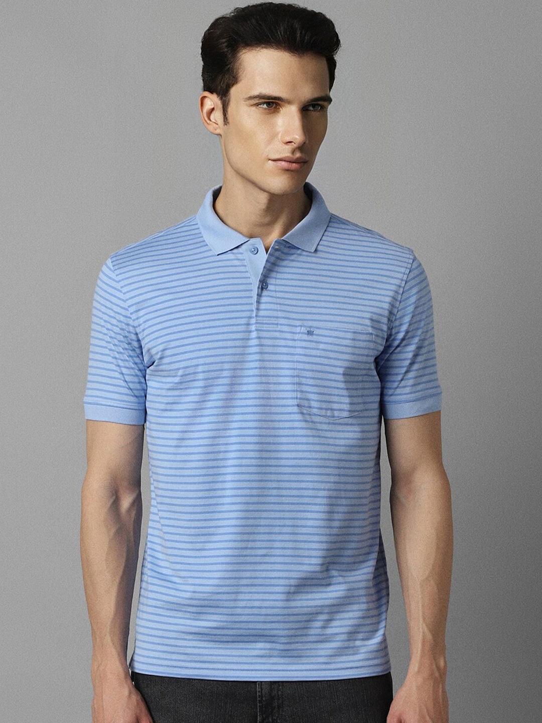 

Louis Philippe Striped Polo Collar Pure Cotton T-shirt, Blue