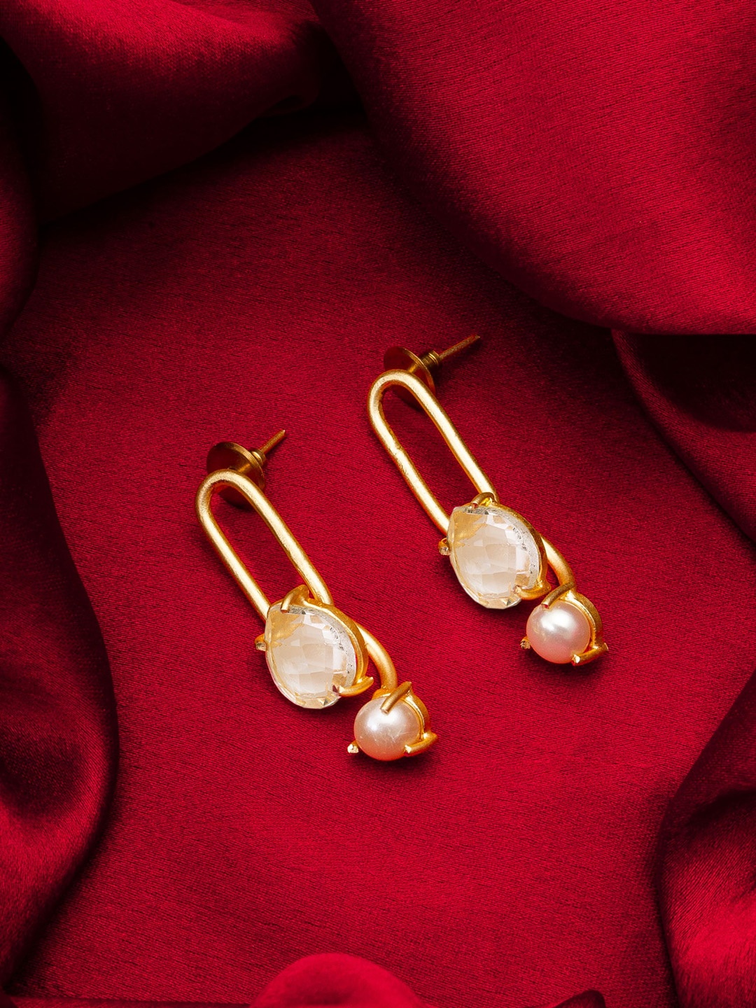 

aadita Gold-Pleated Stone Studded Drop Earrings