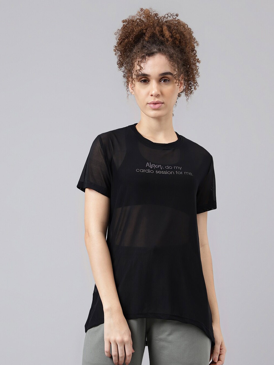 

MKH Women Black Typography Printed Relaxed Fit Dri-FIT T-shirt