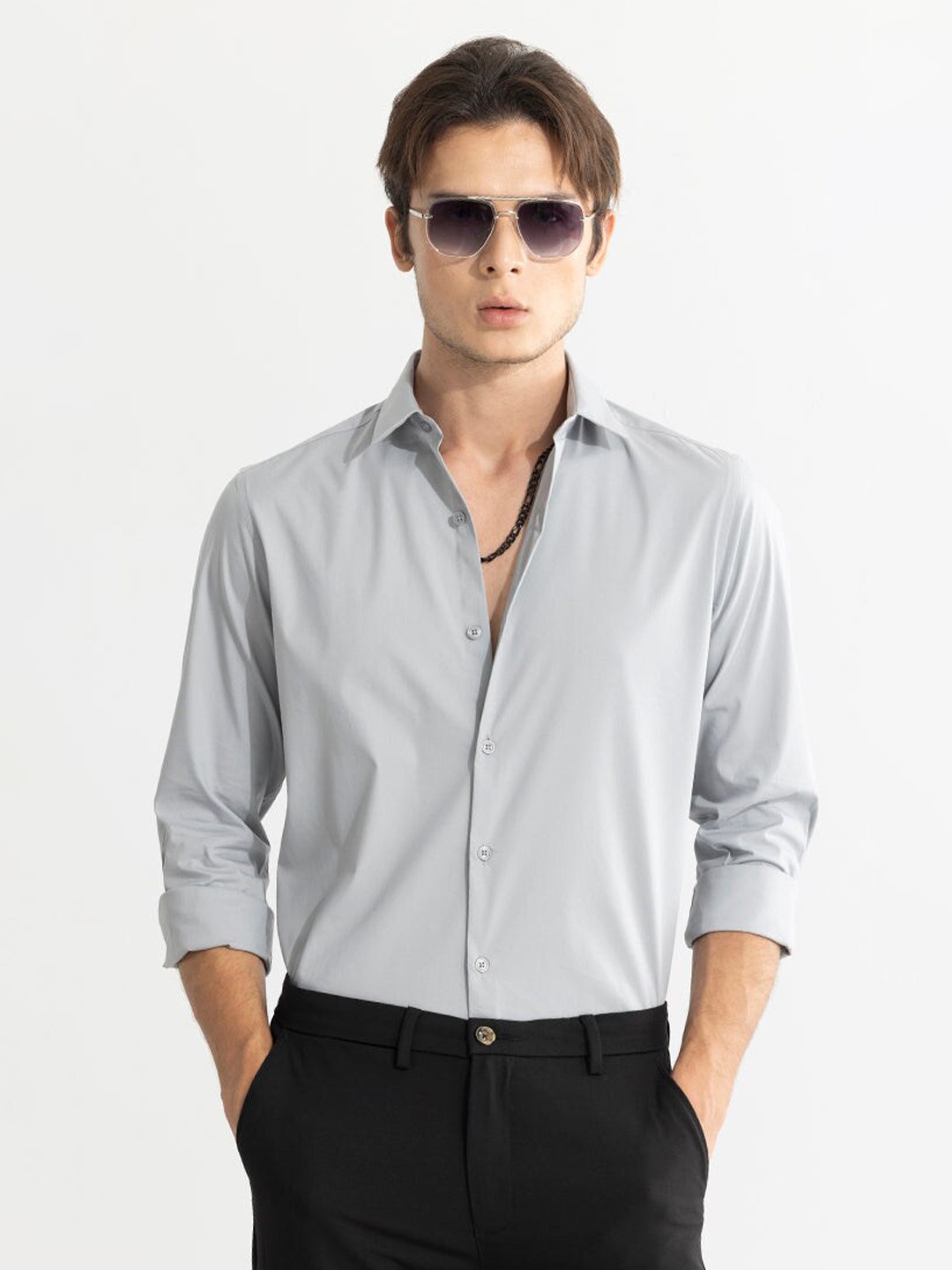 

Snitch Spread Collar Classic Slim Fit Casual Shirt, Grey