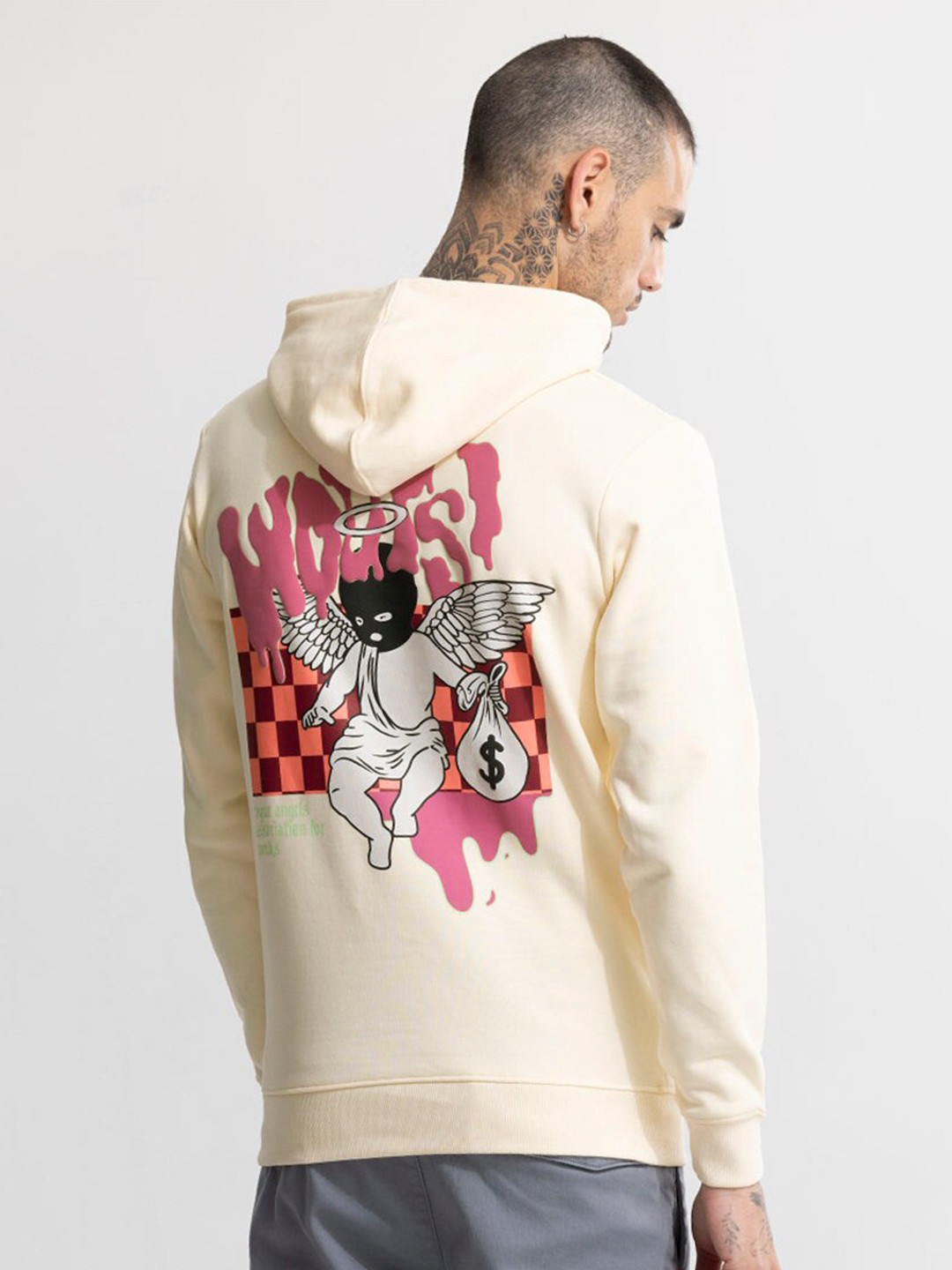 

Snitch Cream-Coloured Graphic Printed Hooded Pullover