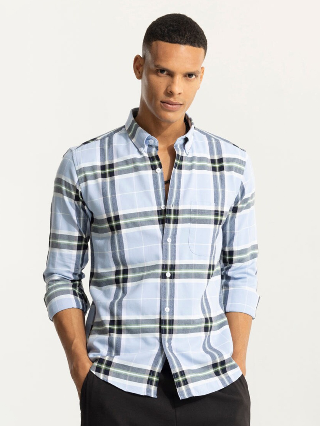 

Snitch Blue Classic Slim Fit Tartan Checked Button-Down Collar Pure Cotton Casual Shirt