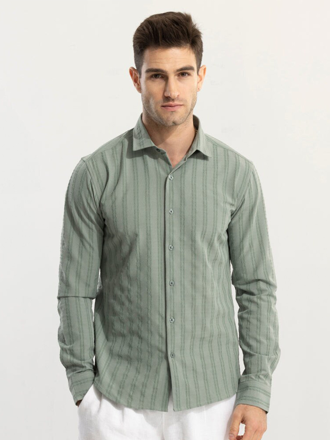 

Snitch Green Classic Slim Fit Striped Casual Shirt