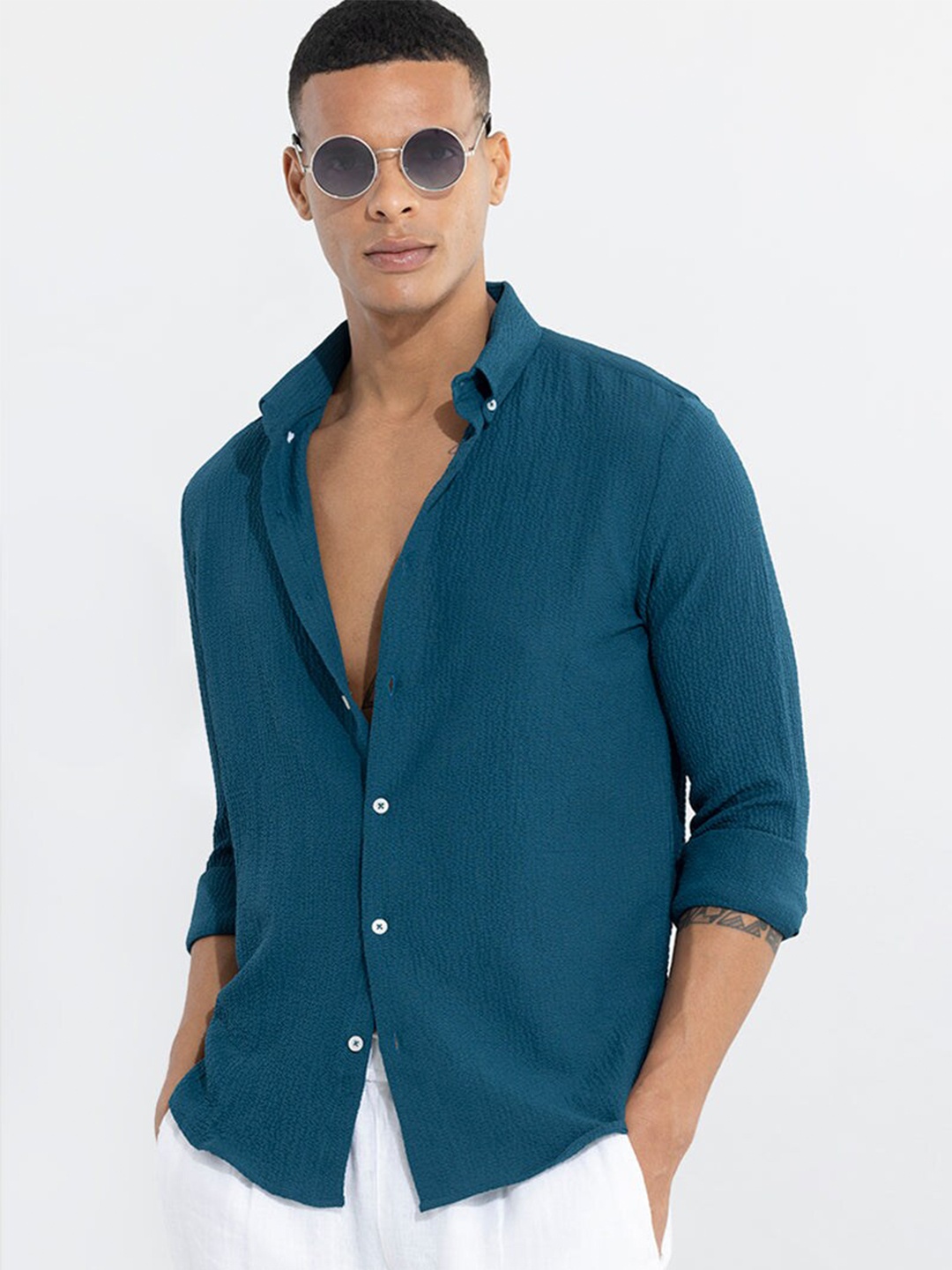 

Snitch Blue Classic Textured Button-Down Collar Casual Shirt