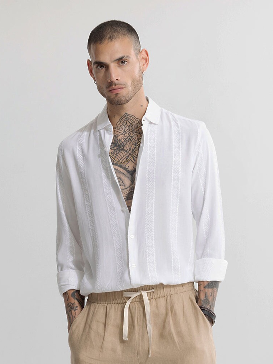 

Snitch White Striped Classic Slim Fit Casual Shirt
