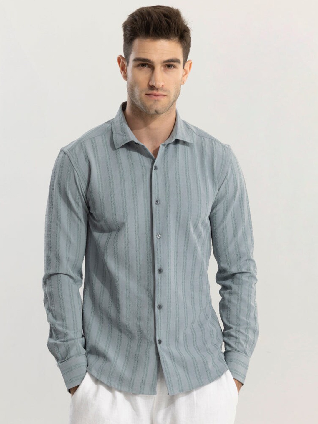

Snitch Grey Classic Slim Fit Vertical Striped Casual Shirt