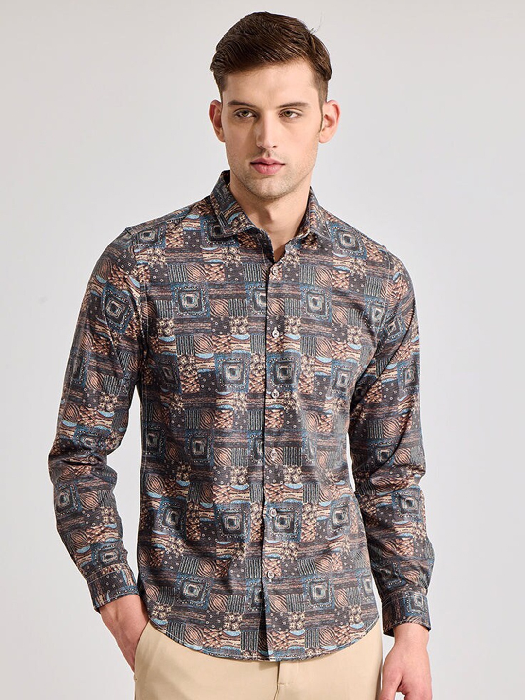 

Snitch Classic Slim Fit Geometric Printed Spread Collar Casual Shirt, Brown