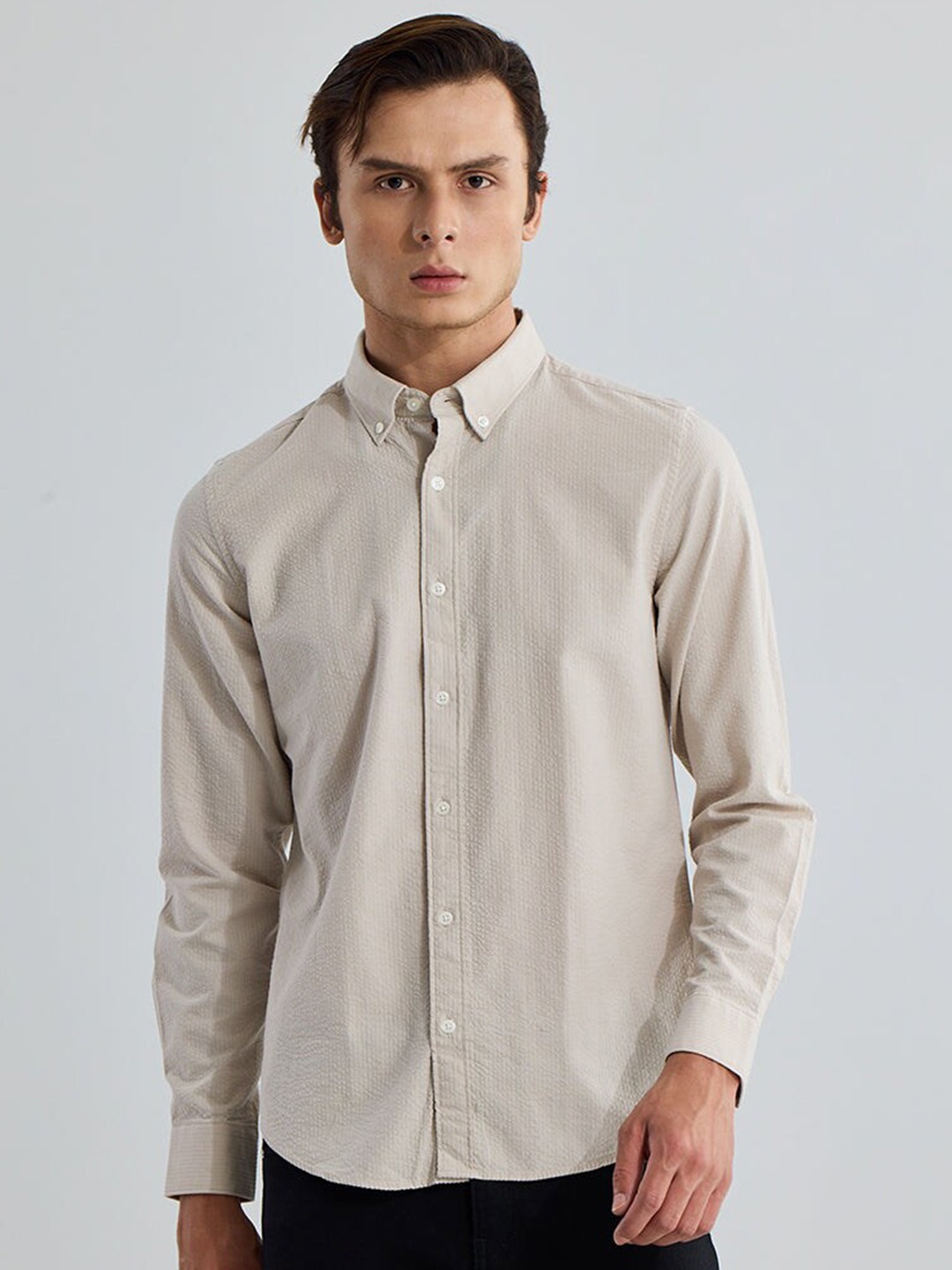 

Snitch Textured Button-Down Collar Classic Slim Fit Pure Cotton Casual Shirt, Cream