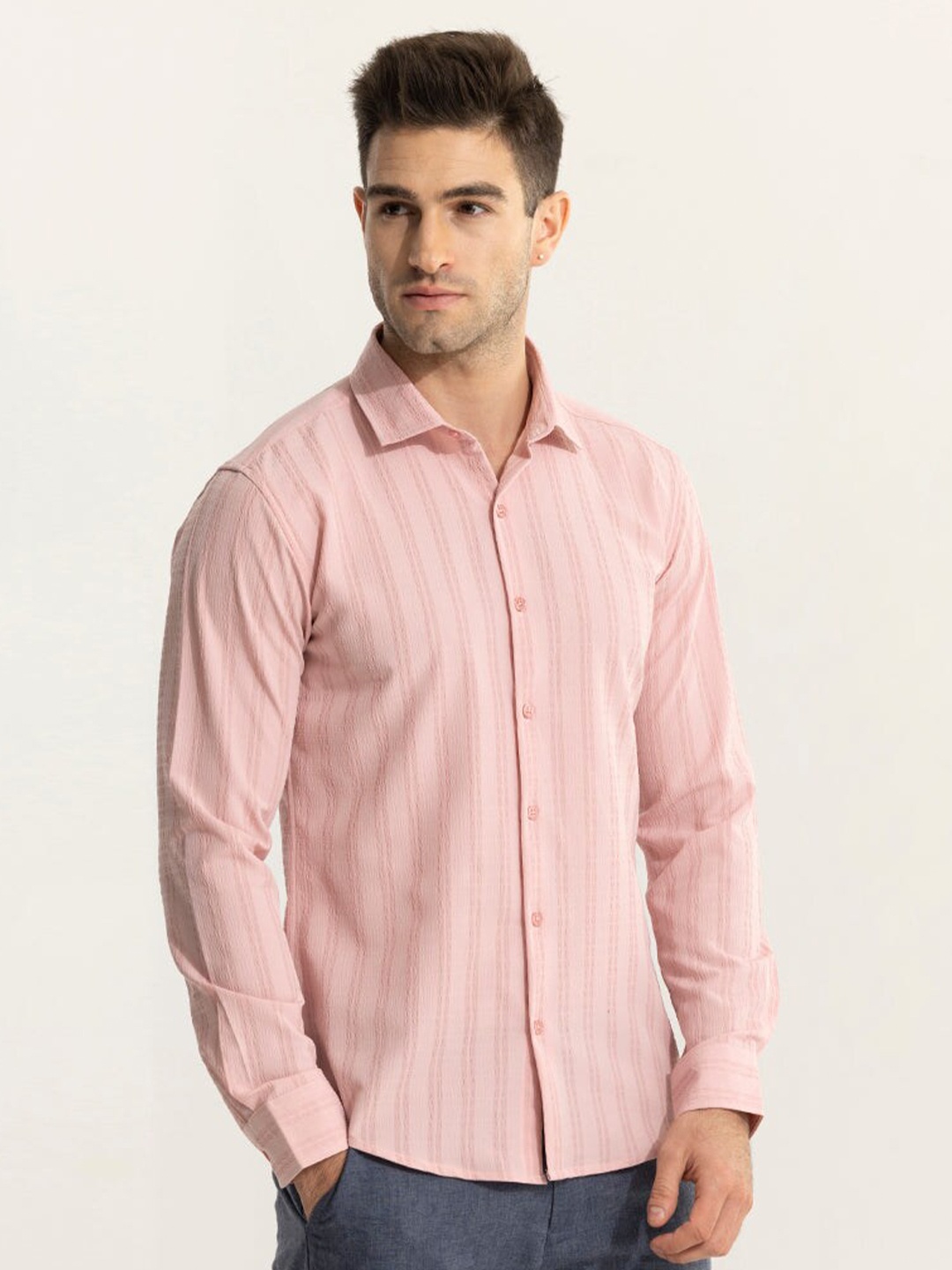

Snitch Classic Slim Fit Self Design Casual Shirt, Pink