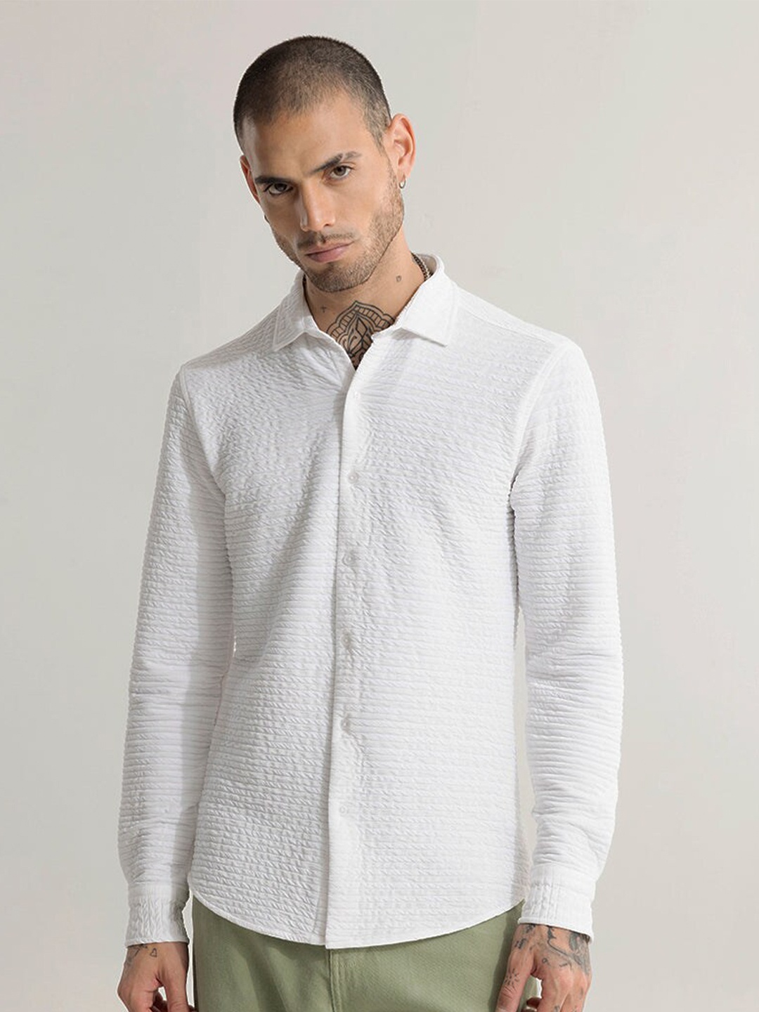 

Snitch Classic Slim Fit Self Designed Spread Collar Casual Shirt, White