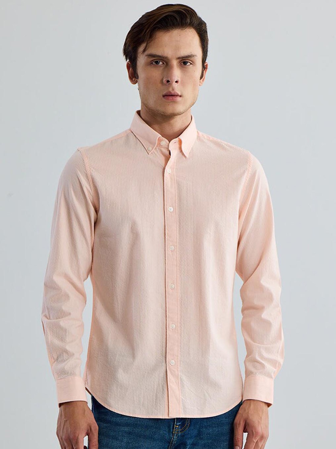 

Snitch Pink Button-Down Collar Classic Slim Fit Casual Textured Pure Cotton Shirt