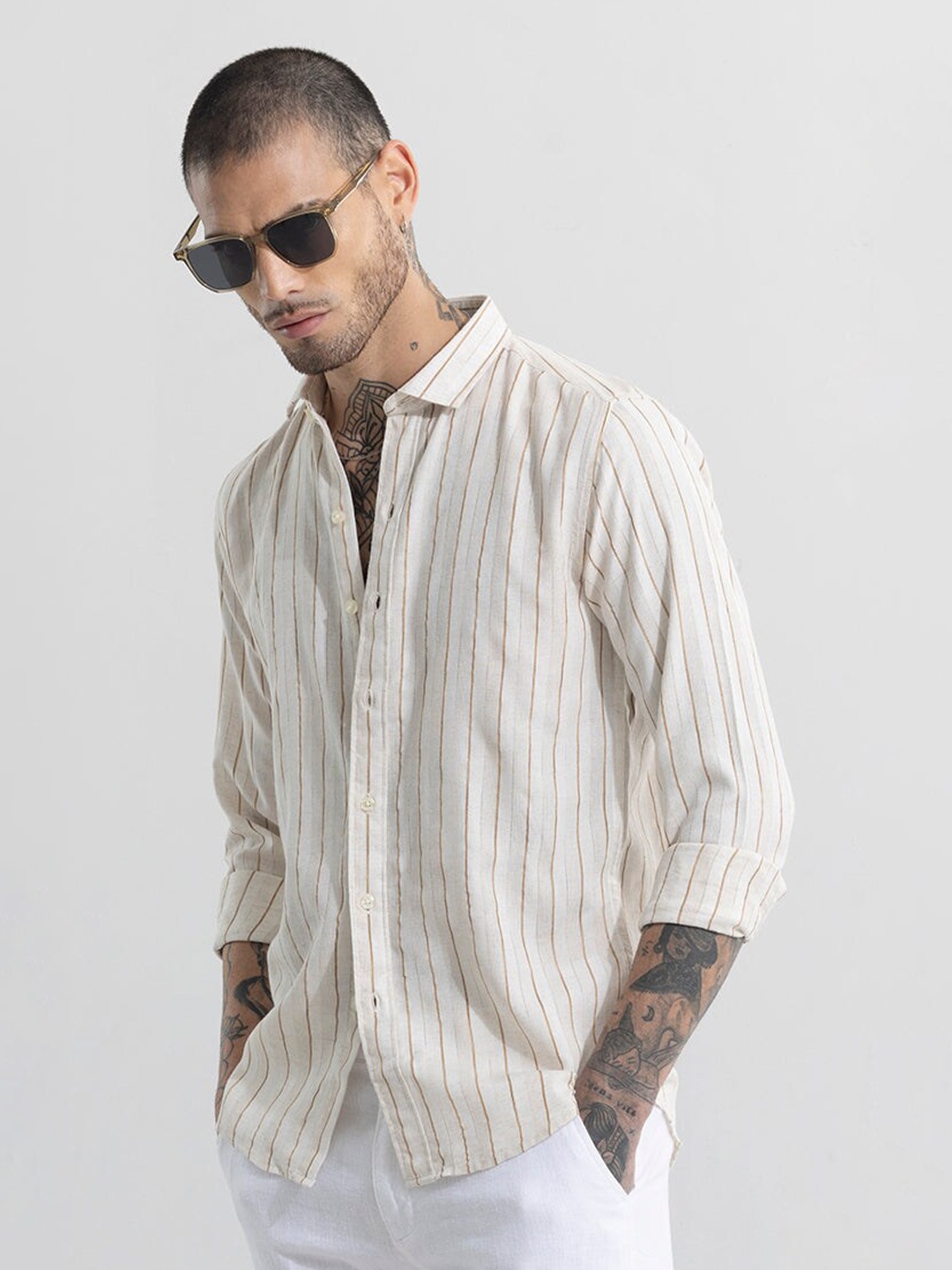 

Snitch Beige Classic Slim Fit Striped Linen Cotton Casual Shirt