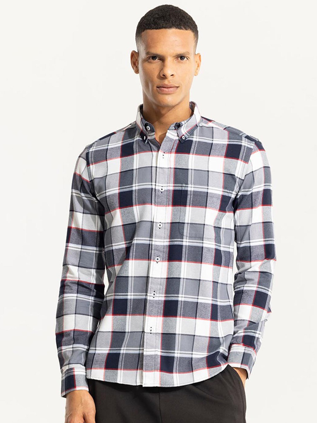 

Snitch Grey Classic Slim Fit Tartan Checked Pure Cotton Casual Shirt