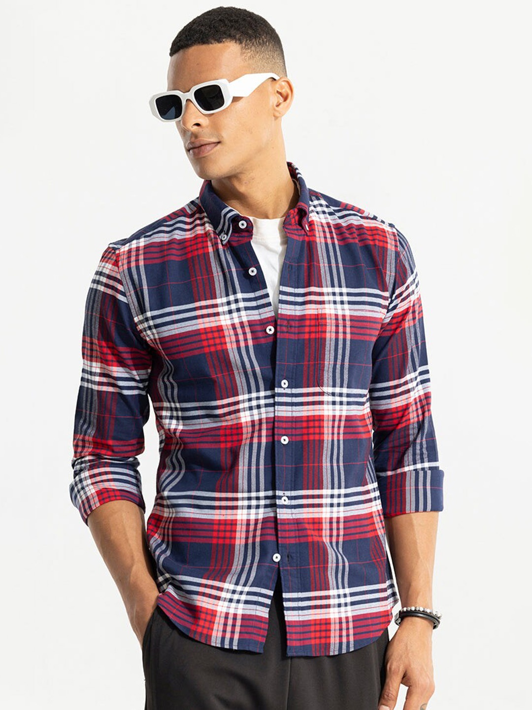 

Snitch Navy Blue Tartan Checked Classic Slim Fit Cotton Casual Shirt