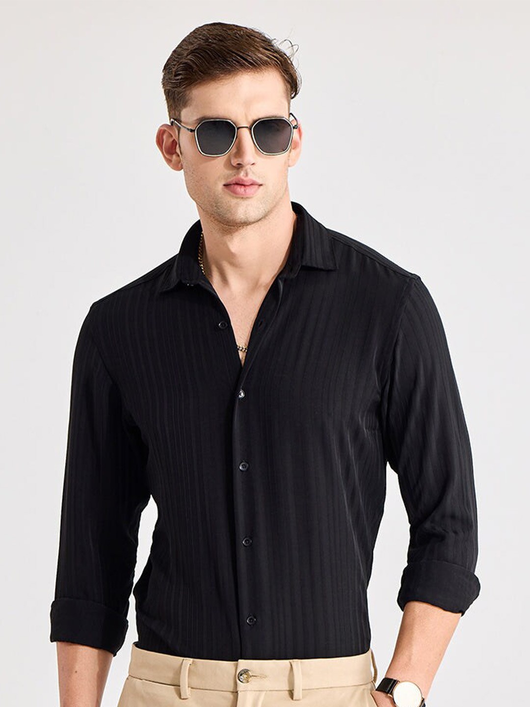 

Snitch Black Self Design Classic Slim Fit Casual Shirt