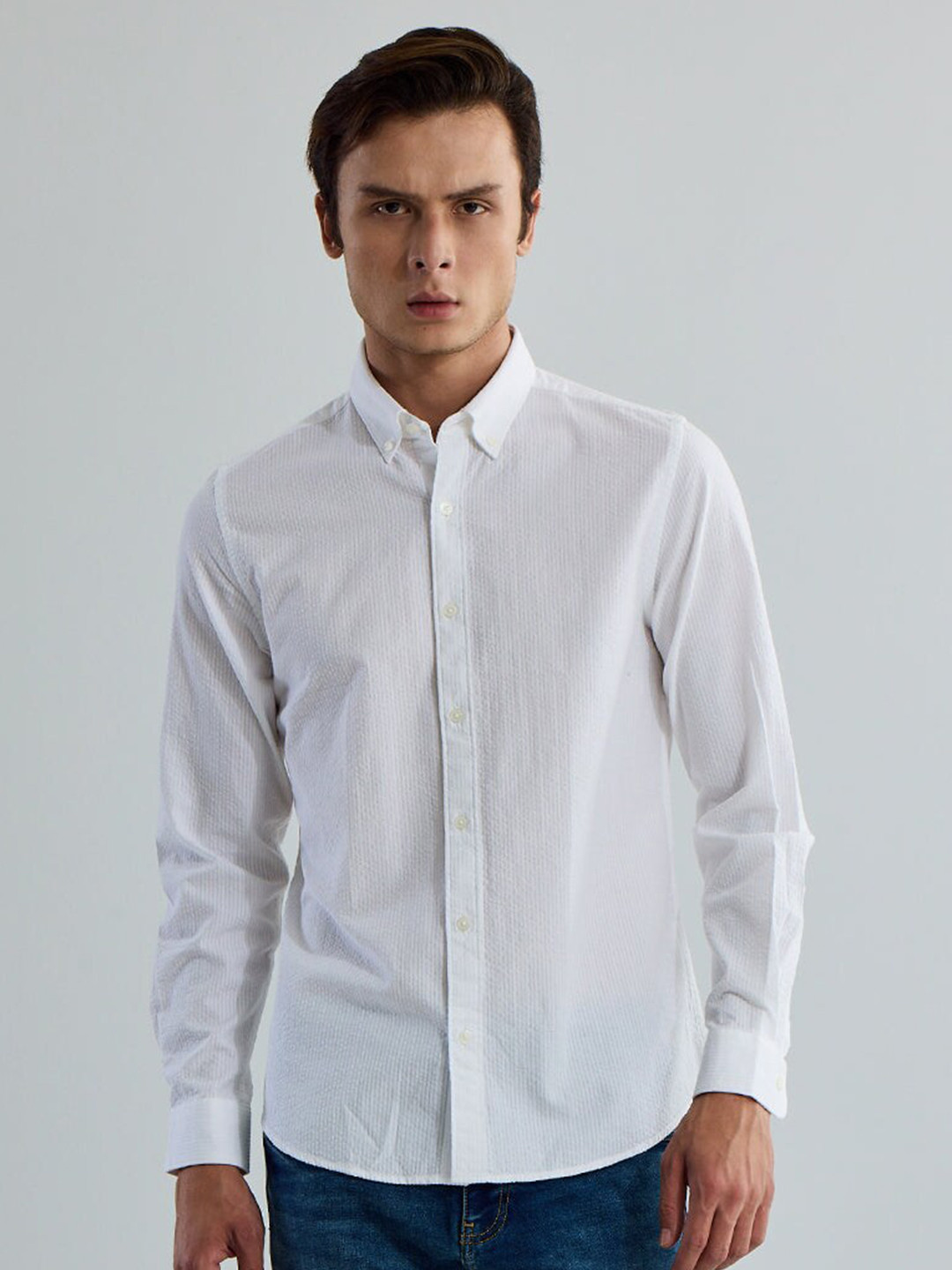 

Snitch White Spread Collar Classic Slim Fit Casual Textured Pure Cotton Shirt